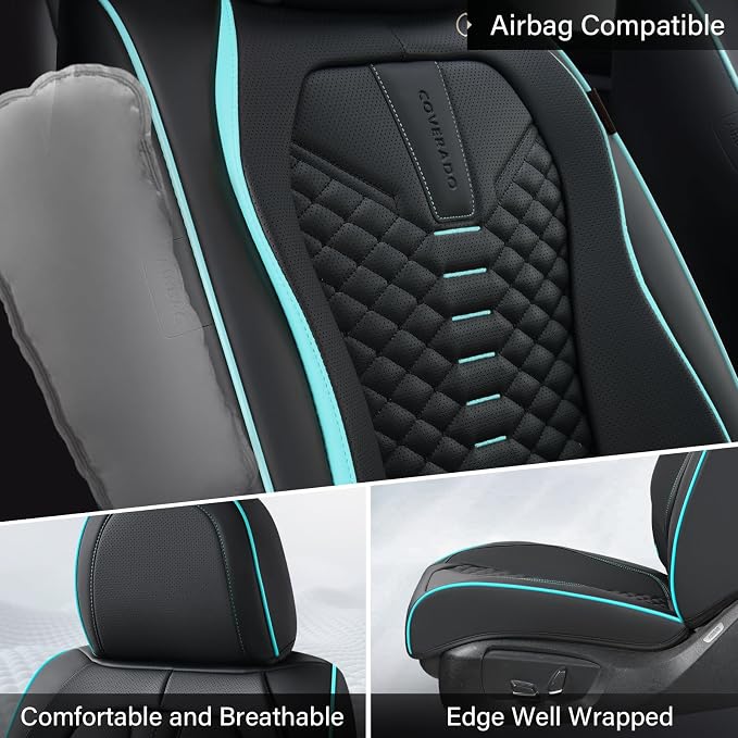 Coverado Seat Covers, Car Seat Cover Front Seats, 2 Pack Universal Seat Covers for Cars, Nappa Leather Waterproof Seat Cover, Car Seat Protectors, Front Seat Cover Fit for Most Cars, Black&Blue