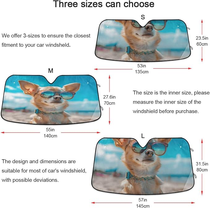 Windshield Sun Shade Chihuahua Dog Summer Beach Front Window Block UV Shades Visor Reflective Retractable for Car SUV Trucks