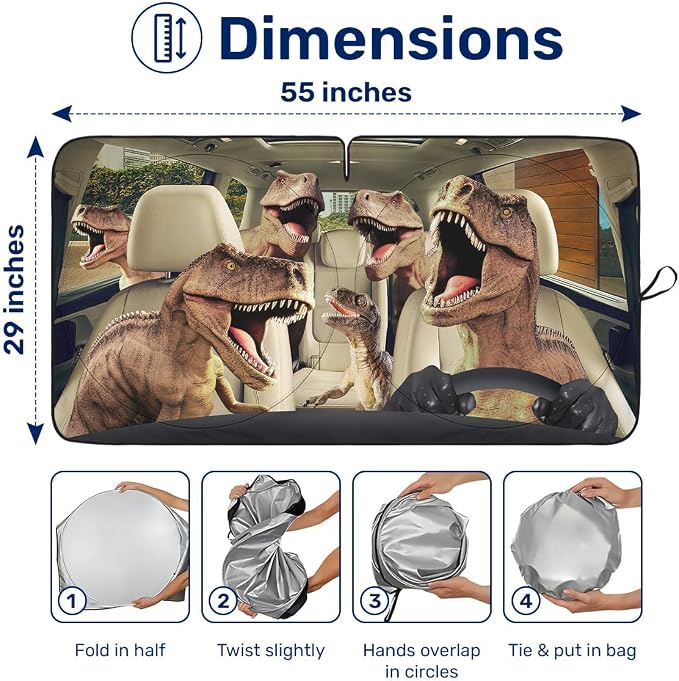 GENANY Trex Windshield Sun Shade for Car SUV Truck (55x29 Inches), Dinosaur Sunshade, Protector Blocks UV, Car Accessories