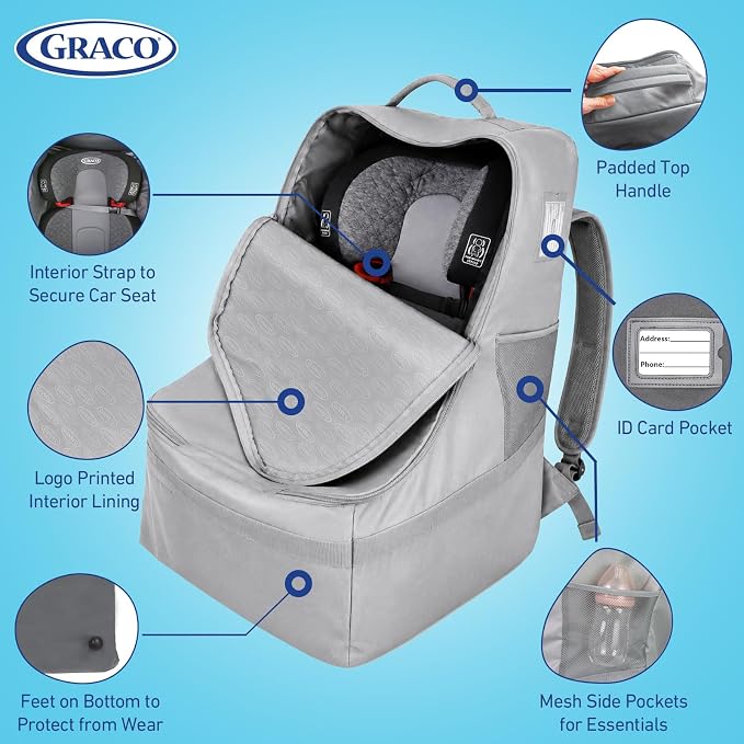 Graco Padded Car Seat Travel Bag & Infant Carrier Backpack, Durable Large Back Pack for Carseats & Booster Seats, Airport Gate Check Bag Luggage, Double Padded Strap, Water Resistant Material, Gray