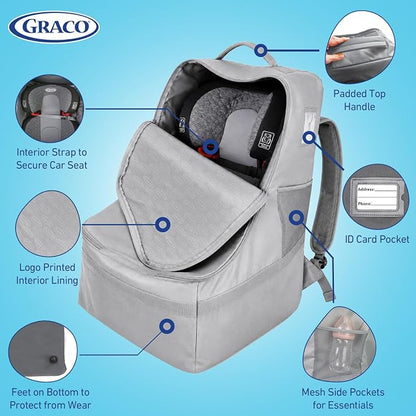 Graco Padded Car Seat Travel Bag & Infant Carrier Backpack, Durable Large Back Pack for Carseats & Booster Seats, Airport Gate Check Bag Luggage, Double Padded Strap, Water Resistant Material, Gray