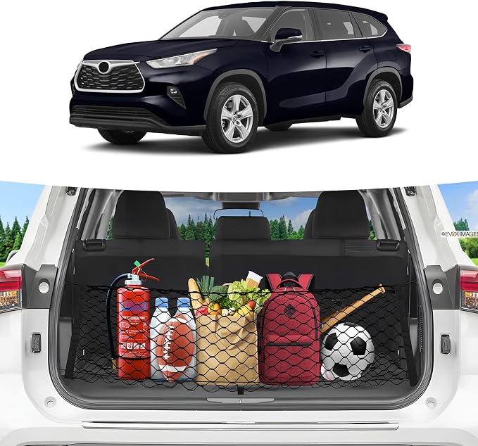 Canvcle Trunk Cargo Net for 2020-2026 Toyota Highlander Accessories Envelope Style Mesh Trunk Net Organizer and Storage Stretchable Adjustable Elastic Nylon Rear Cargo Netting with Hooks