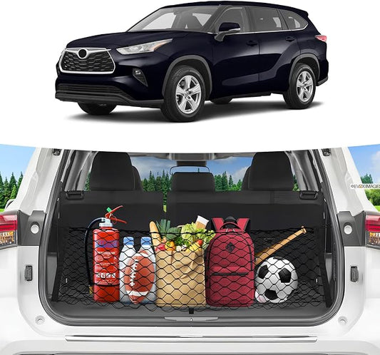 Canvcle Trunk Cargo Net for 2020-2026 Toyota Highlander Accessories Envelope Style Mesh Trunk Net Organizer and Storage Stretchable Adjustable Elastic Nylon Rear Cargo Netting with Hooks