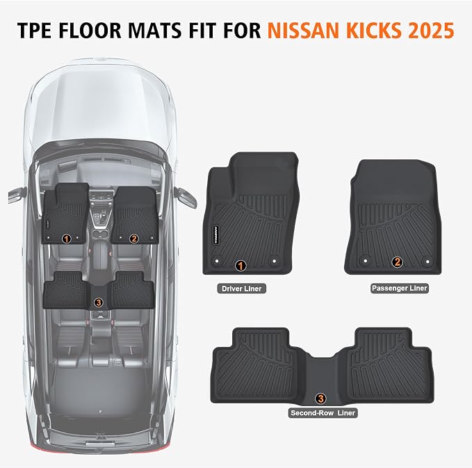 All Weather Car Floor Mats for 2025 2026 Nissan Kicks S/SV/SR, TPE Rubber Floor Liners Anti-Slip Full Set Automotive Mats for 2025 2026 Nissan Kicks Accessories