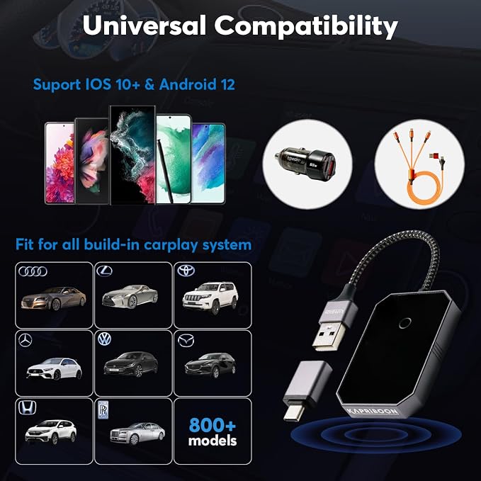 Wireless Carplay Adapter 2024 for Apple iPhone and for Android Auto Bluetooth - Best Mini Adapter - Smart Dongle - Wire to Wireless - Plug and Play Carplay
