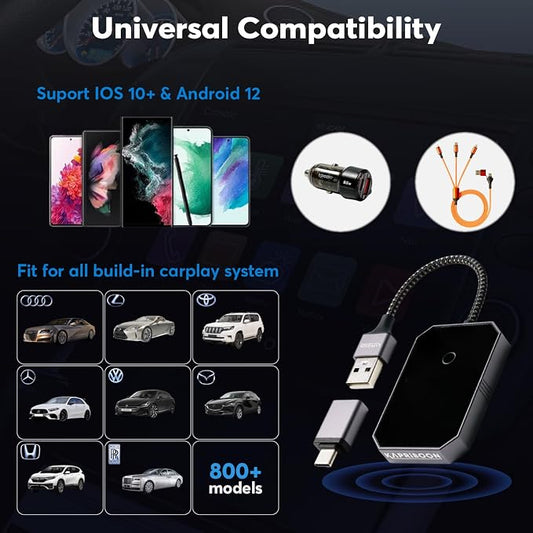 Wireless Carplay Adapter 2024 for Apple iPhone and for Android Auto Bluetooth - Best Mini Adapter - Smart Dongle - Wire to Wireless - Plug and Play Carplay