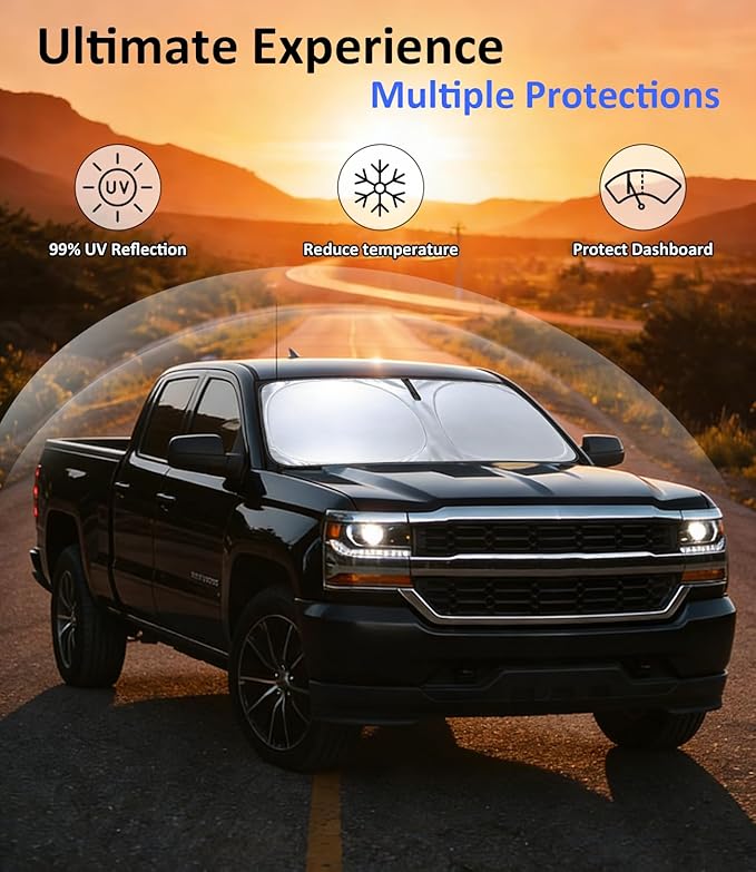 Sun Shade for 2014-2018 Chevrolet Chevy Silverado/GMC Sierra | Front Window Sun Visor Protector & Heat Shield, 240T Sunshade Protection Blocks UV Rays, Car Accessories