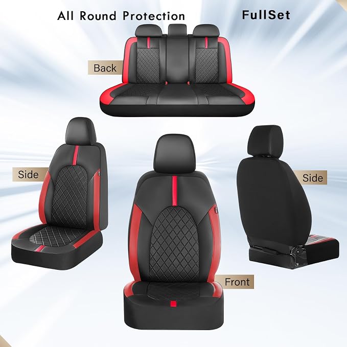 Coverado Red Car Seat Covers Full Set, Waterproof Front Seats Back Seat Cover, Leather Car Seat Cushion Universal Fit for Most Cars