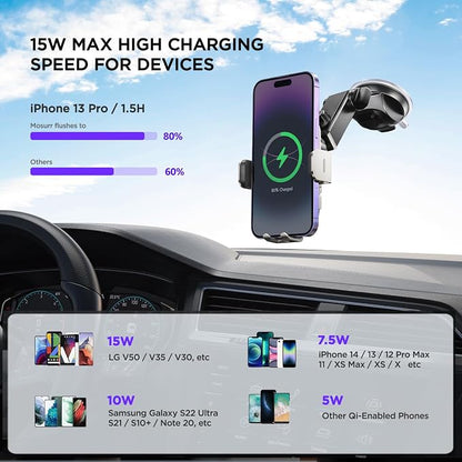 Wireless Car Charger,【7 Colored RGB Backlit】 15W Auto Clamping Car Charger Phone Mount Holder for iPhone 15 14 13 12 Mini Pro Max 11 XR X, Samsung Galaxy S23 Ultra S22 S21+ S10+ Note 20, etc - Silver