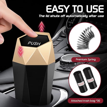 Car Trash Can with Lid, Mini Car Trash Cup with 30 Additional Trash Bags, Car Accessories for Interior, Leakproof Vehicle Garbage Bin for Car, Home, Office - 2 Packs, Gold