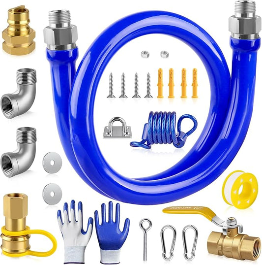 Boltigen 1675KITB48 Safety System Kit, 48 inch Commercial Gas Hose with 3/4" id, Natural Gas Line Hose Connector Kit Comes with Elbows Quick Disconnect Full Port Brass Gas Valve Restraining Device