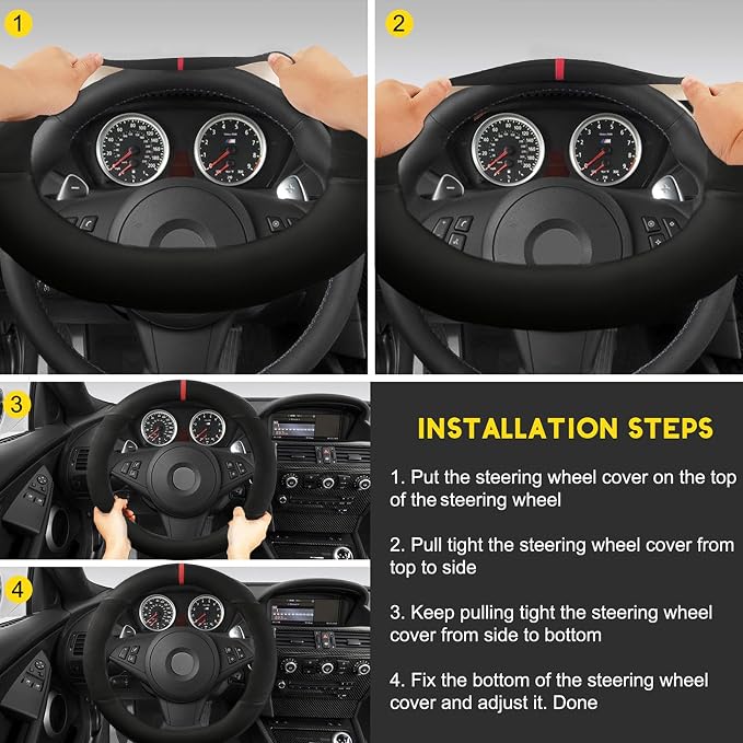 Suede Steering Wheel Cover with Upgraded Silicone Inner Ring, Anti Heat, Breathable, Anti-Slip, Leather Universal 14.5 to 15 inch Steering Wheel Cover (Partial Genuine Leather)