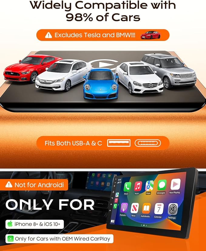 Wireless CarPlay Adapter for iPhone Only, with USB-C | Zero-Latency Auto-Connect GPS, Easy Wired-to-Wireless Conversion for Apple CarPlay, Works with Factory Wired CarPlay, Orange