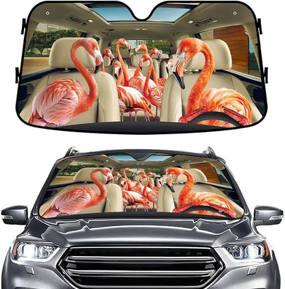 GENANY Flamingo Windshield Cover for Car SUV Truck (55x30 Inches), Foldable Heat Shield, Shades for Front Windows, Protector Blocks UV, Car Decor