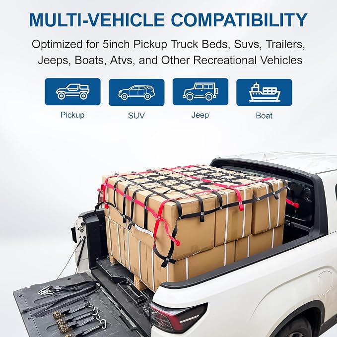 Cargo Net for Pickup Truck Bed with 4Pcs Ratchet Tie-Down Straps, 50"x66", (WLL) 1100lbs, Heavy Duty Storage Netting for Trailer's Cargo Carrier