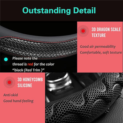 PINCTROT Steering Wheel Cover Great Grip with 3D Honeycomb Anti-Slip Design, Universal 14.5-15 Inch (Black/Red Stitch)
