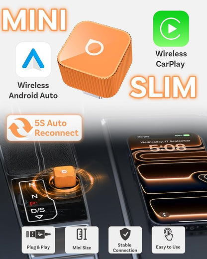 OTTOCAST Mini Cube 3.0 Wireless Carplay Adapter for Apple iPhone, 2-in-1 Car Play Android Auto Adapter, Convert Wired CarPlay to Wireless, Low Latency (Orange, USB C)