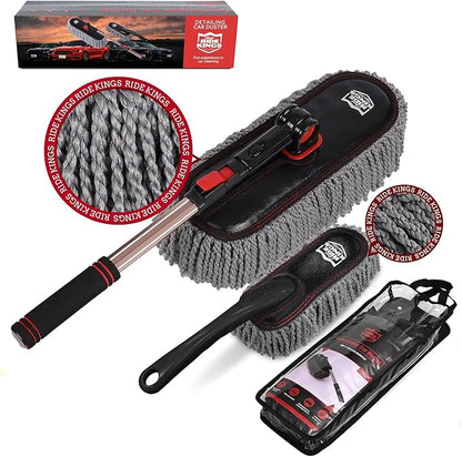 Car Duster Grey Set-Stocking Stuffers Gifts for Men Women-Microfiber Multipurpose Duster,Interior & Exterior Cleaning Tools,Dashboard Detailing Brush,Scratch Free with Extendable Handle,2 Packs