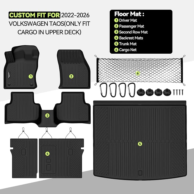 Tongama-Floor Mats for 2022-2026 Volkswagen Taos AWD(Only Fit Cargo in Upper Deck Position), All Weather TPE Trunk Mat and Backrest Mats Protectors and Cargo Net for VW Taos Floor Liner Accessories