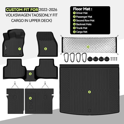 Tongama-Floor Mats for 2022-2026 Volkswagen Taos AWD(Only Fit Cargo in Upper Deck Position), All Weather TPE Trunk Mat and Backrest Mats Protectors and Cargo Net for VW Taos Floor Liner Accessories