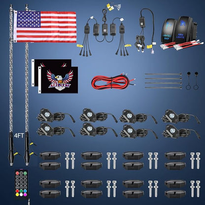 Nilight 2PCS 4FT RGB LED Whip Light with Spring Base and 8 PCS Rock Lights Combo, Remote App Control w/DIY Chasing Patterns Turn Signal Brake Reverse Antenna Lighted Whips for ATV UTV Polaris RZR Jeep