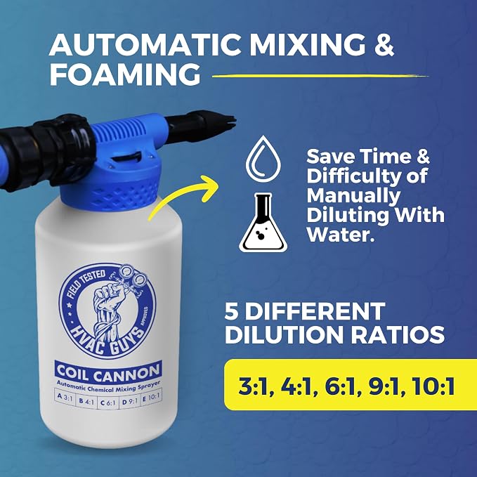 HVAC Guys Coil Cannon | AC Coil Cleaner Automatic Foaming Mixing Sprayer | Compatible with All Cleaners & Chemicals | 5 Dilution Ratios