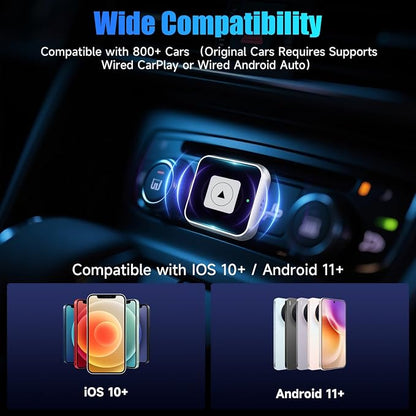 Wireless CarPlay Adapter, Wired to Wireless Car Adapter, Suitable for Apple iPhone & Android, Fast Auto-Connect, USB & Type-C, Supports 800+ Models with Built-in Wired Car Play/Android Auto