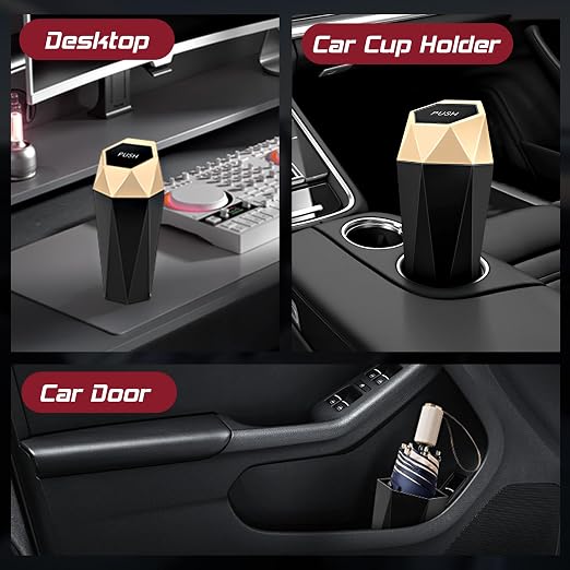 Car Trash Can with Lid, Mini Car Trash Cup with 30 Additional Trash Bags, Car Accessories for Interior, Leakproof Vehicle Garbage Bin for Car, Home, Office - 2 Packs, Gold