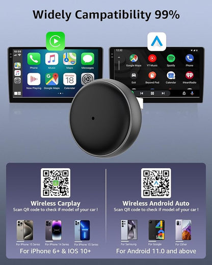 2-in-1 Wireless CarPlay & Android Auto Adapter, 50% Smaller, Converts Wired to Wireless, Zero Latency, Auto-Connection, Plug & Play Adapter for Apple iPhone iOS 10+ & Android 11+