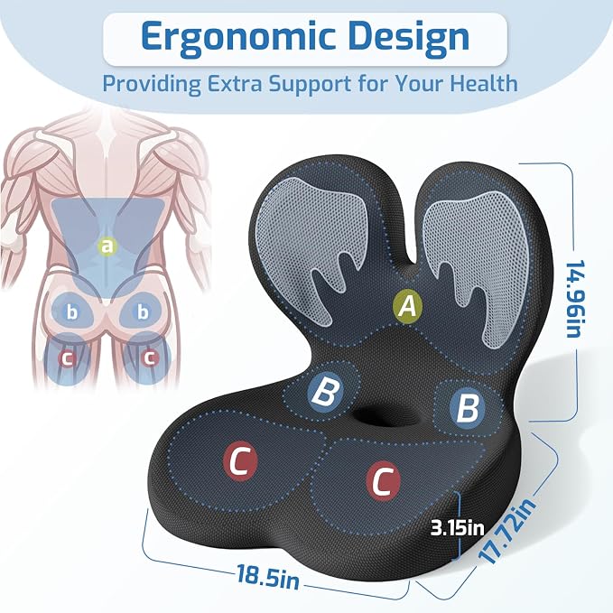 Seat Cushion,Office Chair Cushion with Lumbar Support,Memory Foam Car Orthopedic Cushion,Ergonomic Designed for Long Sitting,Tailbone & Back Pain Relief,Sciatica Pillow for Office,Car,Home Chair