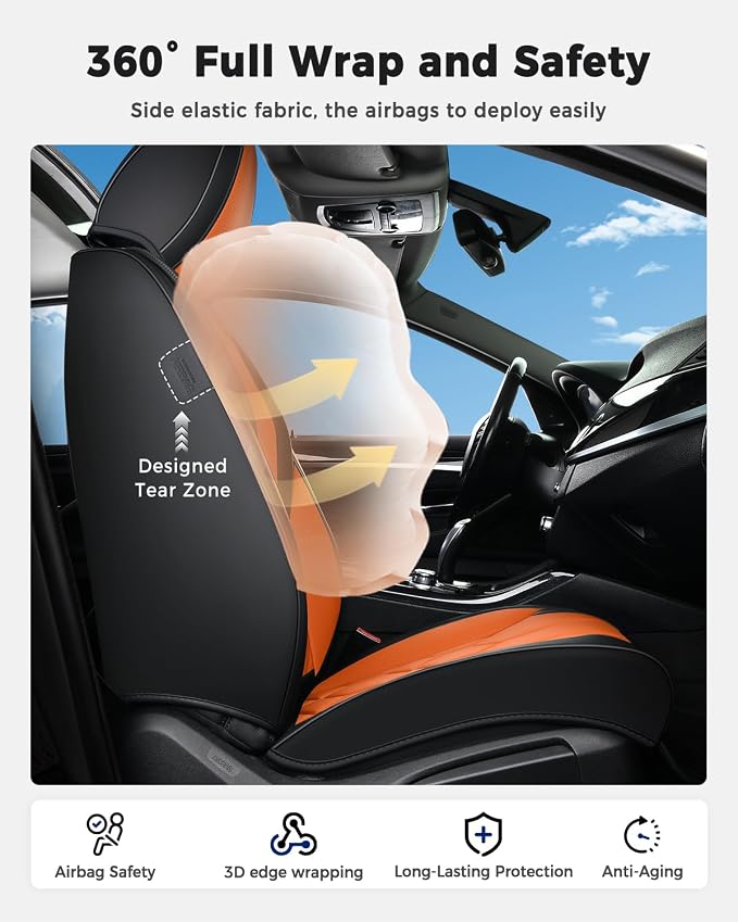 Huidasource Seat Covers Full Set, Universal Fit for Most Cars SUV Trucks, Full Coverage Leather Seat Cover, Airbag, Cupholder Compatible, Seat Function Retain, Easy Install with Velcro, Black&Orange