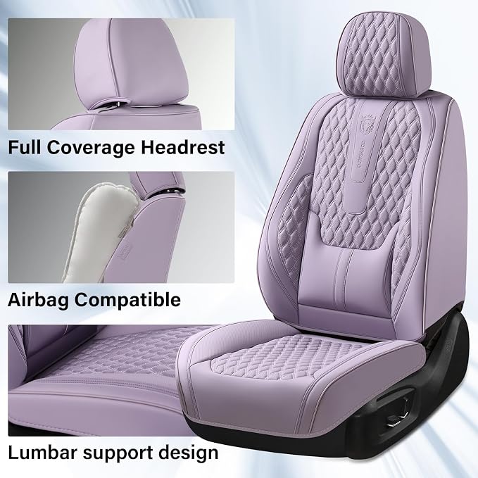 Coverado Seat Covers Front Seats, Purple Car Seat Cover with Lumbar Support, Waterproof Car Seat Cushion, Front Car Seat Covers Leatherette Car Seat Protector Universal Fit Most Cars