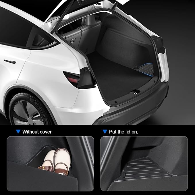 Rear Trunk Organizer Storage Box Compatible with 2025-2026 Tesla Model Y Juniper, TPE Cargo Side Storage Bin with Lids, Waterproof Anti-Rattle Organizer Accessories for Tesla Model Y 5 Seater