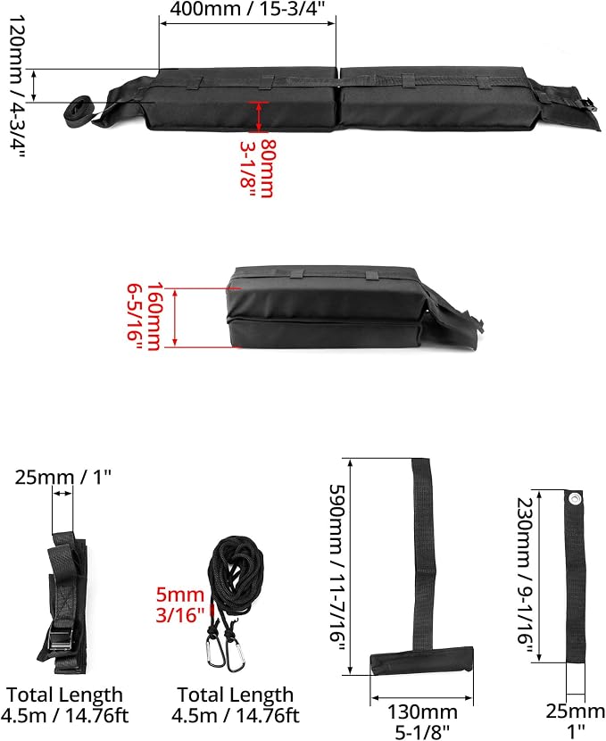 QWORK Universal Soft Roof Rack Pads with 16ft Waterproof Tie-Down Straps, Car Roof Top Carrier System for Kayak Surfboard Canoe SUP Snowboard, No Roof Rails Needed, Storage Bag