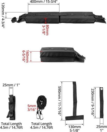 QWORK Universal Soft Roof Rack Pads with 16ft Waterproof Tie-Down Straps, Car Roof Top Carrier System for Kayak Surfboard Canoe SUP Snowboard, No Roof Rails Needed, Storage Bag