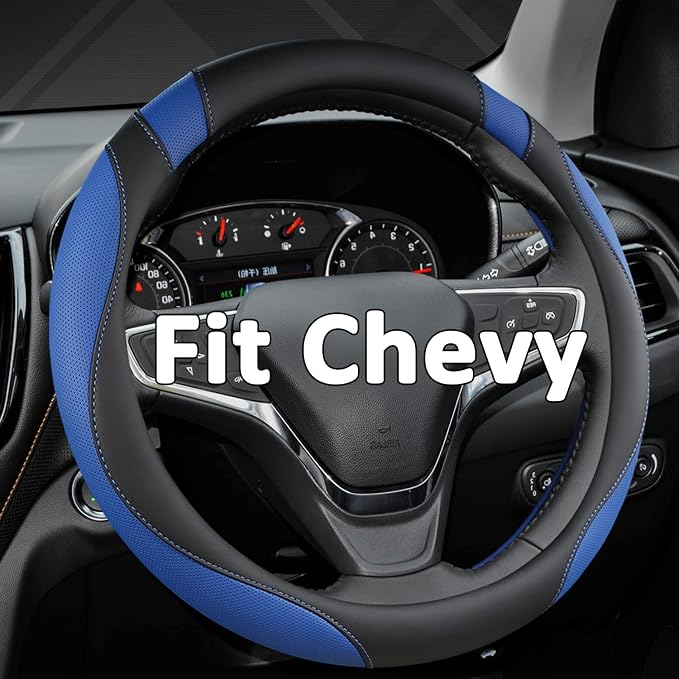 West Llama Customized Auto Car Steering Wheel Cover for Chevy 14.5-15 inches, Steering Wheel Cover for Chevrolet (Black+Blue - Standard Size)