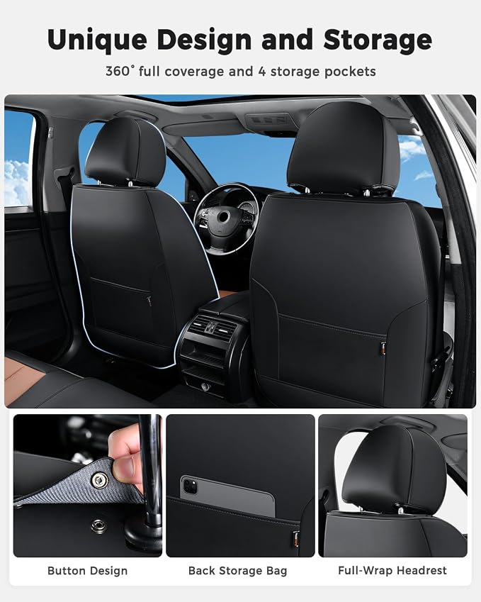 Huidasource Front Seat Covers, Universal Fit for Most Cars SUV Trucks, Full Coverage Leather Seat Cover, Airbag Compatble, Seat Function Retain, Storage Pocket Design, Easy to Install, Black & Brown