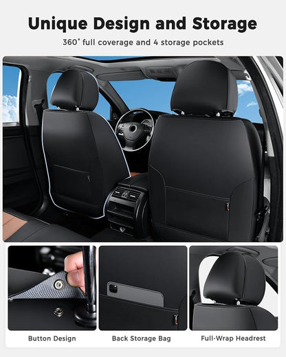 Huidasource Front Seat Covers, Universal Fit for Most Cars SUV Trucks, Full Coverage Leather Seat Cover, Airbag Compatble, Seat Function Retain, Storage Pocket Design, Easy to Install, Black & Brown