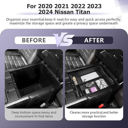 LUWU Titan 2025 Accessories Compatible with Nissan Titan 2020 2021 2022 2023 2024 2025 Center Console Organizer Armrest Console Storage Box Insert Tray ABS Material Black Coin Container Black