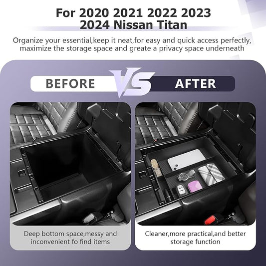 LUWU Titan 2025 Accessories Compatible with Nissan Titan 2020 2021 2022 2023 2024 2025 Center Console Organizer Armrest Console Storage Box Insert Tray ABS Material Black Coin Container Black