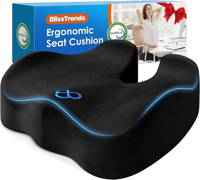 BlissTrends Seat Cushion,5.2in Thick Memory Foam Cushions for Office Chair, Car Seat, Airplane, Relieving Pressure Tailbone Sciatica Back Pain for Long Sitting Office Workers, Car Drivers Black