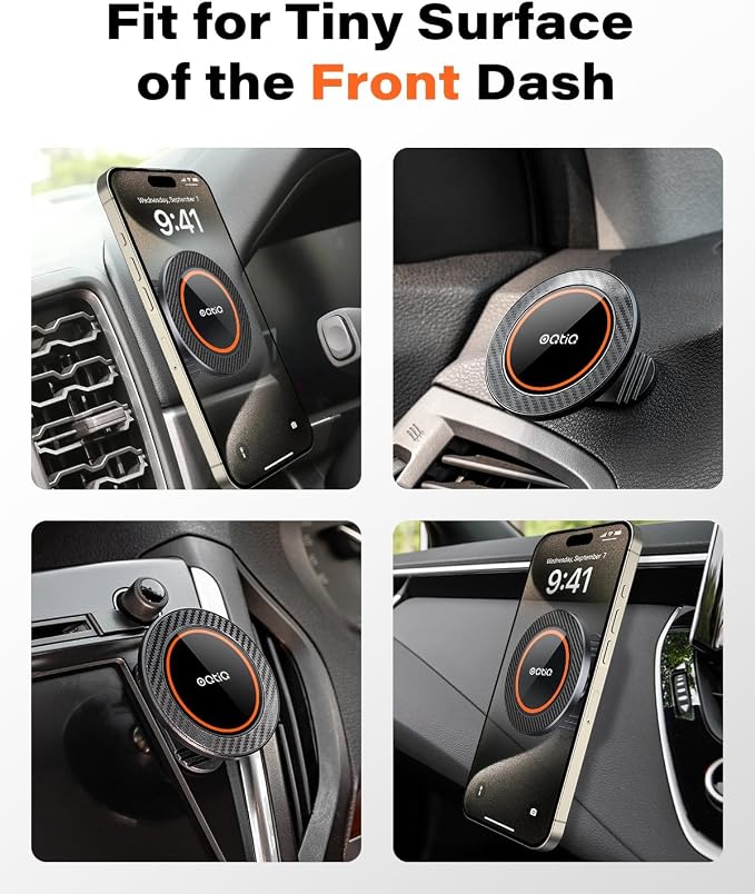 OQTIQ Magnetic Car Phone Mount Holder, Dashboard Mount with 3M Adhesive, Black Carbon Fiber, Aluminum, MagSafe Compatible for iPhone 17/16/15/14/13/12, 360-Degree Adjustable, 2 Pack (Orange-2 Pack)