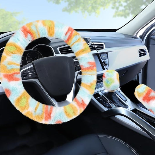 Accmor Fuzzy Car Steering Wheel Cover, Universal Fluffy Auto Wheel Cover & Handbrake Cover & Gear Shift Cover Set, Soft Warm Steering Wheel Protector Car Accessories for Men Women Girls, Colorful