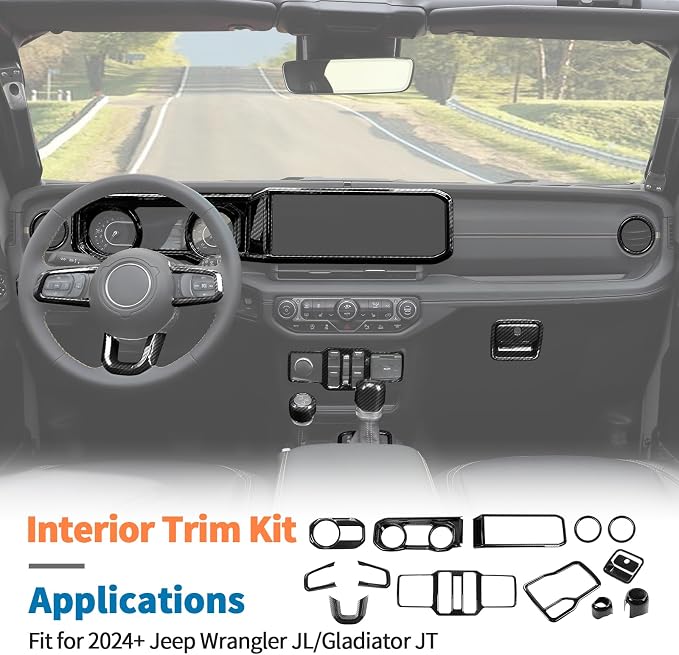 JeCar 14-Piece Black Carbon Fiber Interior Trim Kit for 2024 2025+ Jeep Wrangler JL JLU Gladiator JT - Center Console Dash Interior Decoration Accessories