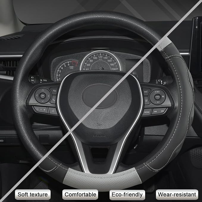 West Llama 3D Texture Steering Wheel Cover for Toyota, Anti-Slip Design, Premium Leather, Custom Fit for 14.5-15 inch, Stylish Interior Decoration(Gray+Black-Standard Size)