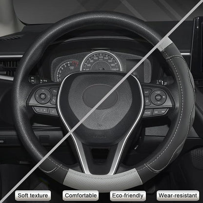 West Llama 3D Texture Steering Wheel Cover for Toyota, Anti-Slip Design, Premium Leather, Custom Fit for 14.5-15 inch, Stylish Interior Decoration(Gray+Black-Standard Size)