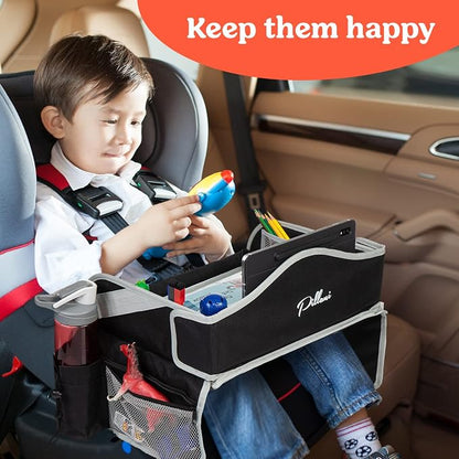 PILLANI Kids Travel Tray for Car - Carseat Tray w/iPad Holder & Dry Erase Board, Road Trip Essentials - Toddler Lap Desk Organizer for Airplane - Roadtrip Activities & Travel Essentials - Pack of 2
