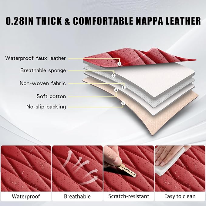 WELLDO Nappa Faux Leather Car Seat Covers Full Set, Burgundy | Waterproof, Non-Slip Seat Protector, 0.28in Thickened Cushion, Airbag Compatible, Universal for Cars SUV Truck Pickup