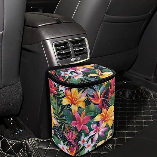 Talayituse Tropical Hiiscus Plumeria Print Car Trash Can with Lid, Leak Proof Auto Trash Bag Hanging Vehicle Garbage Can Multipurpose Storage Container for Back Seat Road Trip