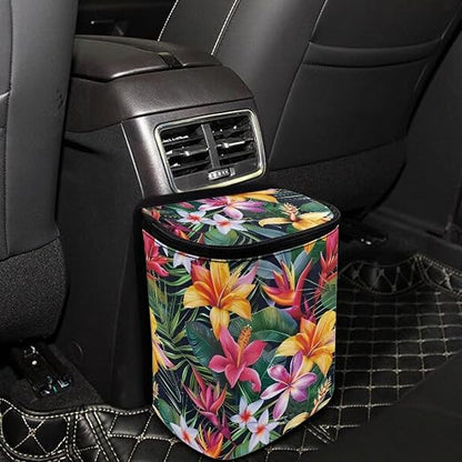 Talayituse Tropical Hiiscus Plumeria Print Car Trash Can with Lid, Leak Proof Auto Trash Bag Hanging Vehicle Garbage Can Multipurpose Storage Container for Back Seat Road Trip